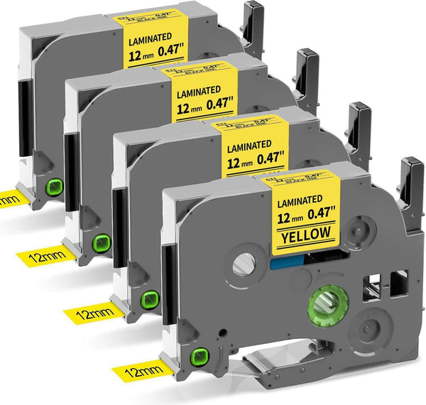Brother P‑touch TZe‑631 Compatible 12mm Yellow Laminated Label Tape – Black on Yellow, 4 Rolls x 8m, for PT‑D210/PT‑D400/PT‑P750W