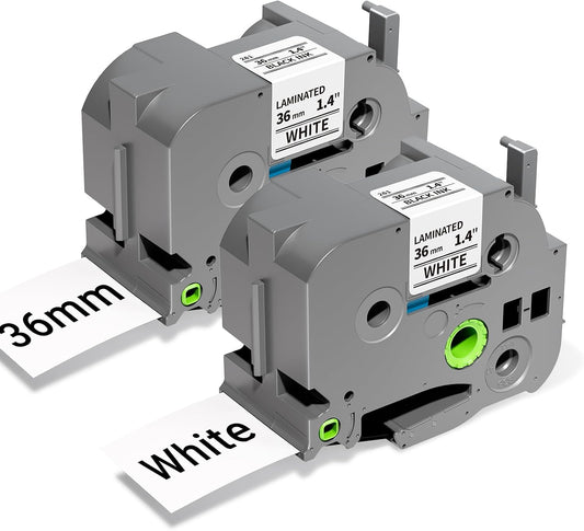 Colorty 2-pack TZe-261 36mm white vinyl cassettes with black ink, featuring a modern grey casing designed for wide format labeling applications.