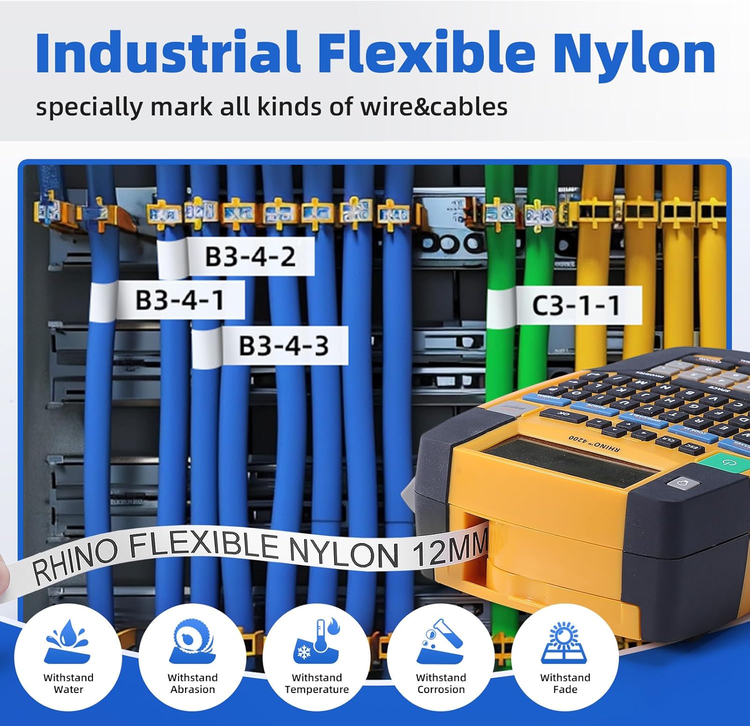 DYMO 18488 compatible 12mm flexible nylon label tape for wire and cable labeling
