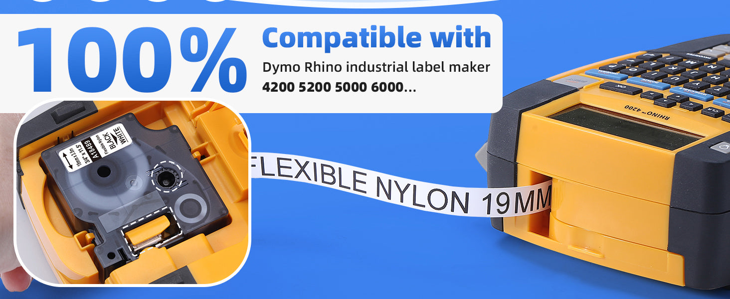 DYMO 18489 compatible 19mm flexible nylon label tape for Rhino 4200, 5200, 5000 and 6000 label makers