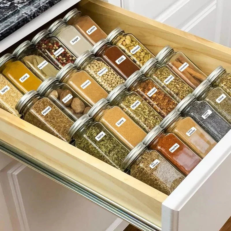 COLORTY laminated label tape kitchen spice drawer organization, clear name tags on glass herb & seasoning jars for easy cooking ingredient identification